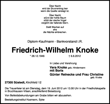 Traueranzeige von Friedrich-Wilhelm Knoke von KREISZEITUNG SYKE