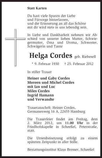 Traueranzeige von Helga Cordes von KREISZEITUNG SYKE