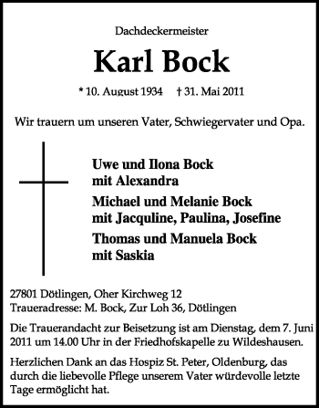 Traueranzeige von Karl Bock von KREISZEITUNG SYKE