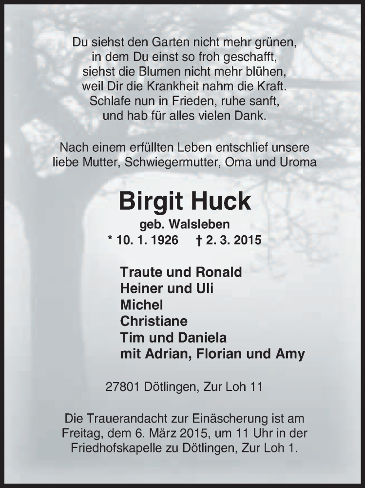  Traueranzeige für Birgit Huck vom 03.03.2015 aus KRZ