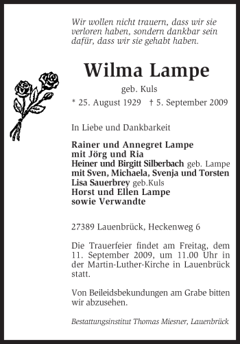 Traueranzeige von Wilma Lampe von KREISZEITUNG SYKE