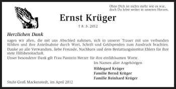 Traueranzeige von Ernst Krüger von KREISZEITUNG SYKE