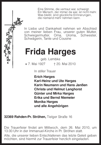 Traueranzeige von Frida Harges von KREISZEITUNG SYKE