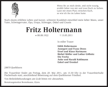 Traueranzeige von Fritz Holtermann von KREISZEITUNG SYKE