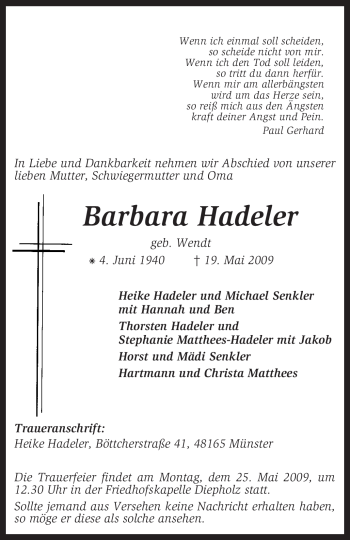 Traueranzeige von Barbara Hadeler von KREISZEITUNG SYKE