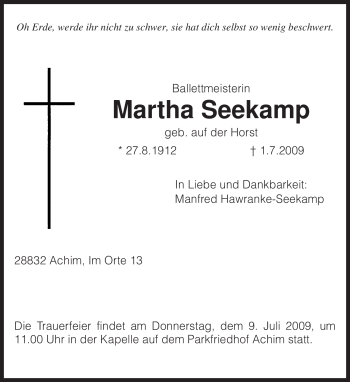 Traueranzeige von Martha Seekamp von KREISZEITUNG SYKE