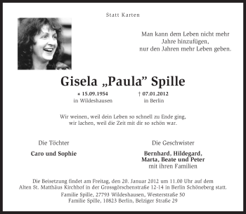 Traueranzeige von Gisela Spille von KREISZEITUNG SYKE