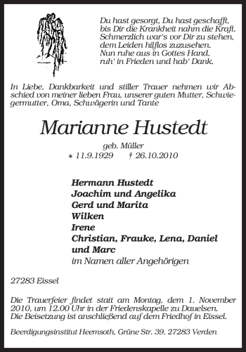 Traueranzeige von Marianne Hustedt von KREISZEITUNG SYKE