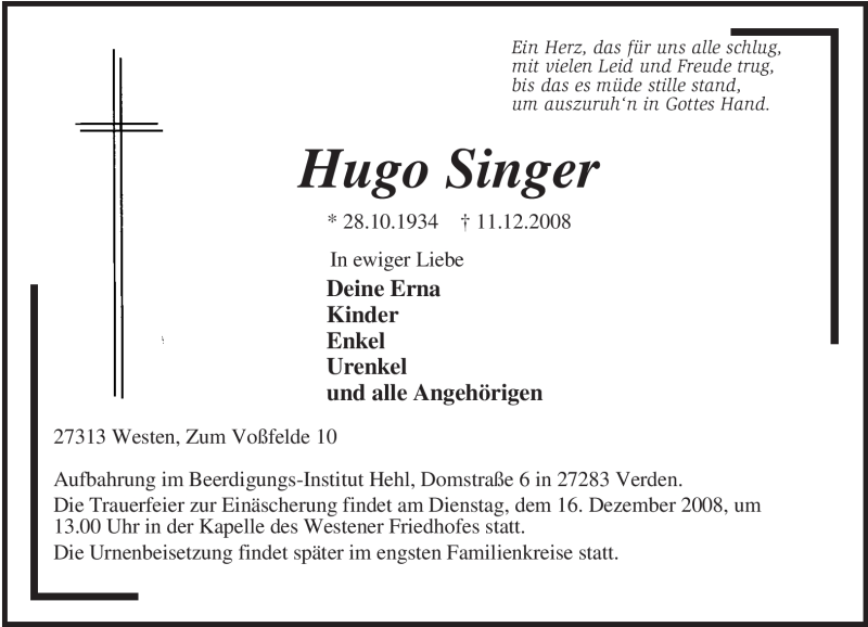  Traueranzeige für Hugo Singer vom 13.12.2008 aus KREISZEITUNG SYKE