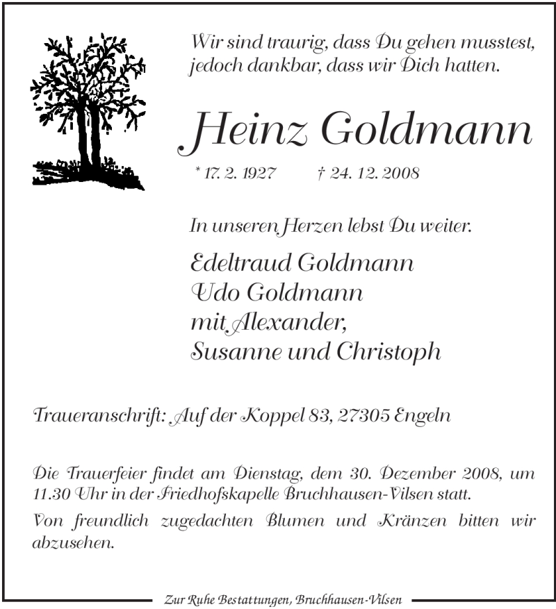  Traueranzeige für Heinz Goldmann vom 27.12.2008 aus 