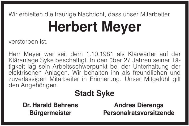  Traueranzeige für Herbert Meyer vom 06.01.2009 aus KREISZEITUNG SYKE