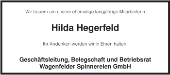 Traueranzeige von Hilda Hegerfeld von KREISZEITUNG SYKE