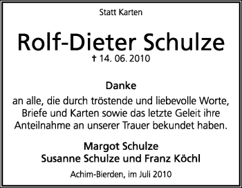 Traueranzeige von Rolf-Dieter Schulze von KREISZEITUNG SYKE