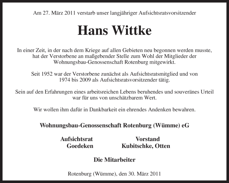  Traueranzeige für Hans Wittke vom 30.03.2011 aus KREISZEITUNG SYKE
