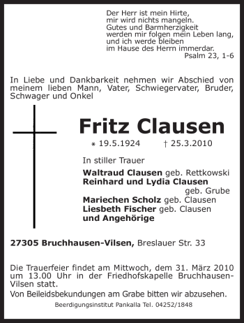 Traueranzeige von Fritz Clausen von KREISZEITUNG SYKE