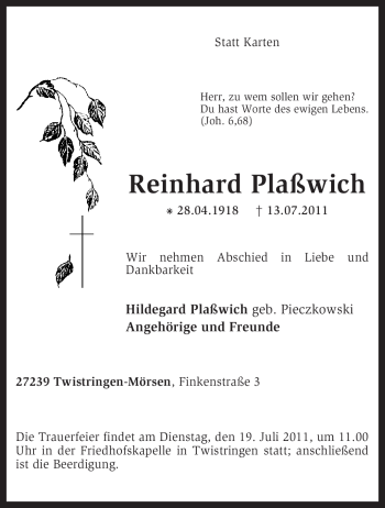 Traueranzeige von Reinhard Plaßwich von KREISZEITUNG SYKE