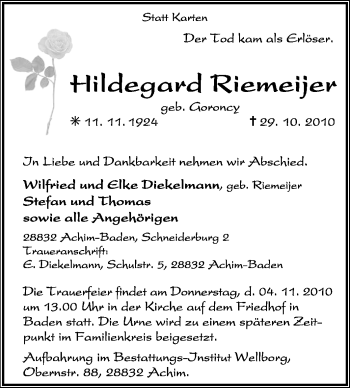 Traueranzeige von Hildegard Riemeijer von KREISZEITUNG SYKE