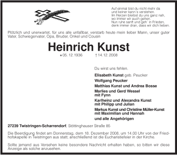 Traueranzeige von Heinrich Kunst von KREISZEITUNG SYKE