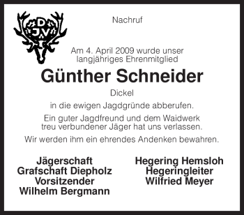 Traueranzeige von Günther Schneider von KREISZEITUNG SYKE