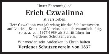 Traueranzeige von Erich Czwalinna von KREISZEITUNG SYKE