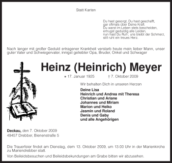 Traueranzeige von Heinz Meyer von KREISZEITUNG SYKE