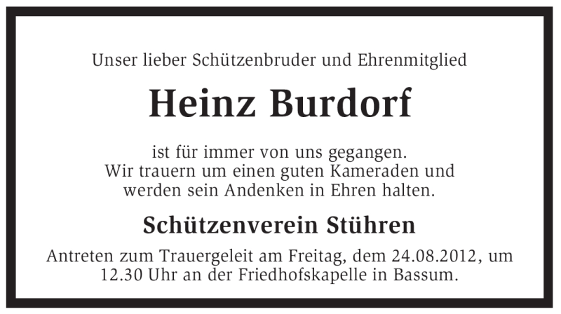  Traueranzeige für Heinz Burdorf vom 22.08.2012 aus KREISZEITUNG SYKE