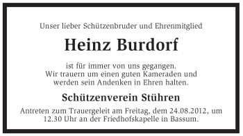 Traueranzeige von Heinz Burdorf von KREISZEITUNG SYKE