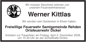 Traueranzeige von Werner Kittlas von KREISZEITUNG SYKE