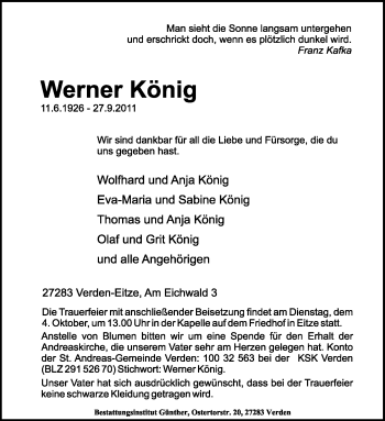 Traueranzeige von Werner König von KREISZEITUNG SYKE