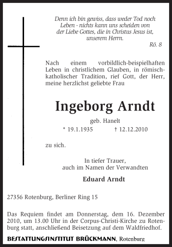 Traueranzeige von Ingeborg Arndt von KREISZEITUNG SYKE