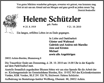 Traueranzeige von Helene Schützler von KREISZEITUNG SYKE