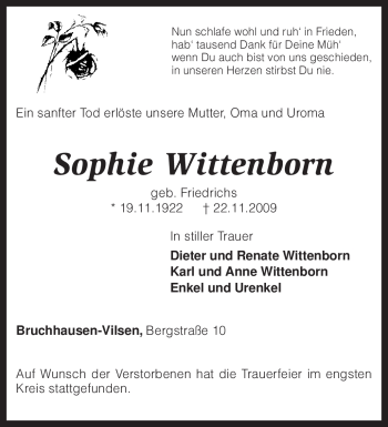 Traueranzeige von Sophie Wittenborn von KREISZEITUNG SYKE