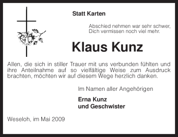 Traueranzeige von Klaus Kunz von KREISZEITUNG SYKE