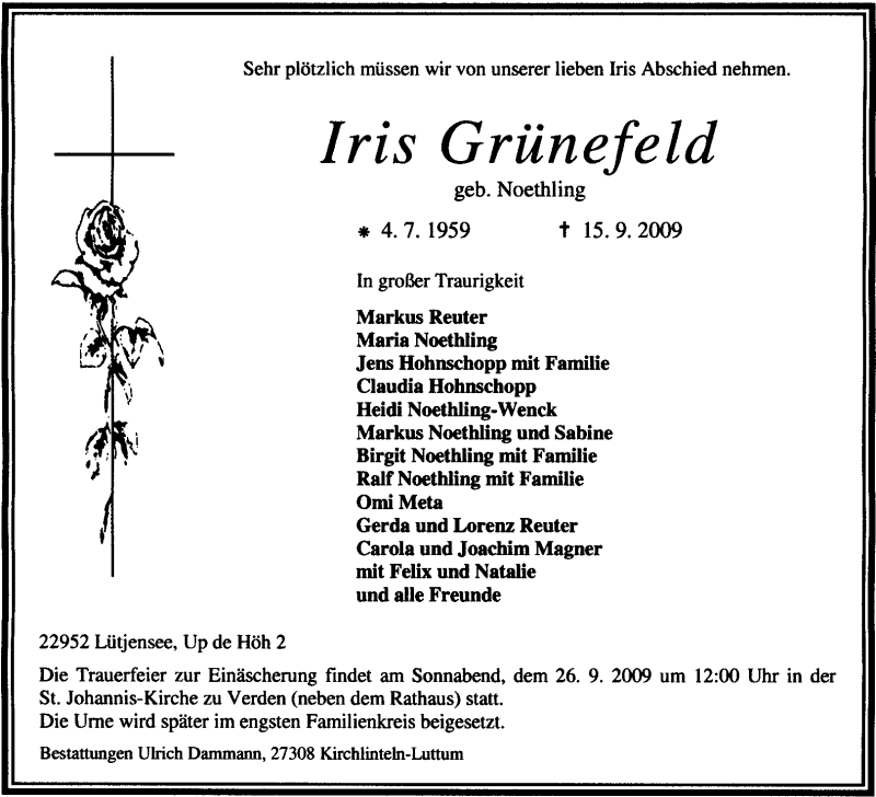  Traueranzeige für Iris Grünefeld vom 23.09.2009 aus KREISZEITUNG SYKE