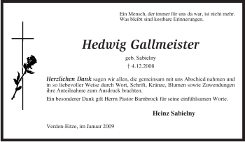 Traueranzeige von Hedwig Gallmeister von KREISZEITUNG SYKE