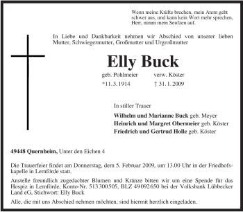 Traueranzeige von Elly Buck von KREISZEITUNG SYKE