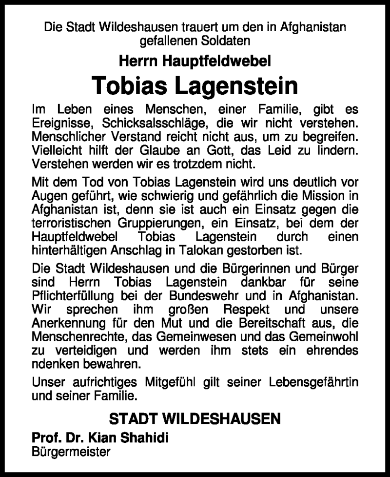  Traueranzeige für Tobias Lagenstein vom 03.06.2011 aus KREISZEITUNG SYKE