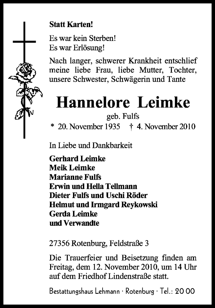  Traueranzeige für Hannelore Leimke vom 06.11.2010 aus KREISZEITUNG SYKE