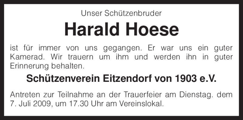  Traueranzeige für Harald Hoese vom 06.07.2009 aus KREISZEITUNG SYKE