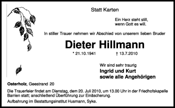 Traueranzeige von Dieter Hillmann von KREISZEITUNG SYKE