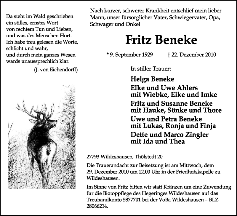  Traueranzeige für Fritz Beneke vom 24.12.2010 aus KREISZEITUNG SYKE