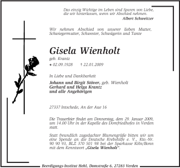 Traueranzeige von Gisela Wienholt von KREISZEITUNG SYKE