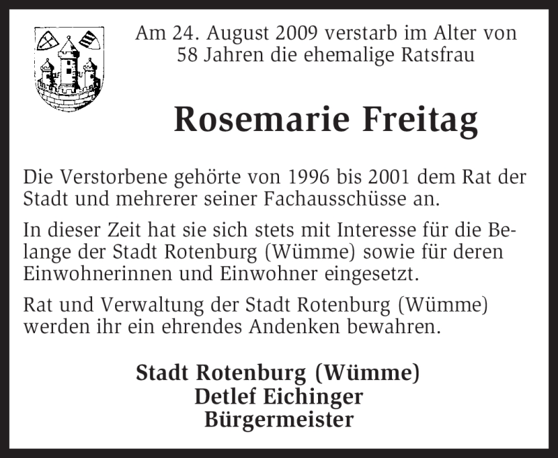  Traueranzeige für Rosemarie Freitag vom 29.08.2009 aus KREISZEITUNG SYKE