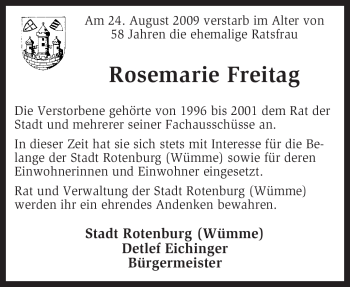 Traueranzeige von Rosemarie Freitag von KREISZEITUNG SYKE