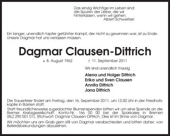 Traueranzeige von Dagmar Clausen-Dittrich von KREISZEITUNG SYKE