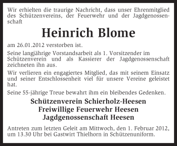 Traueranzeige von Heinrich Blome von KREISZEITUNG SYKE