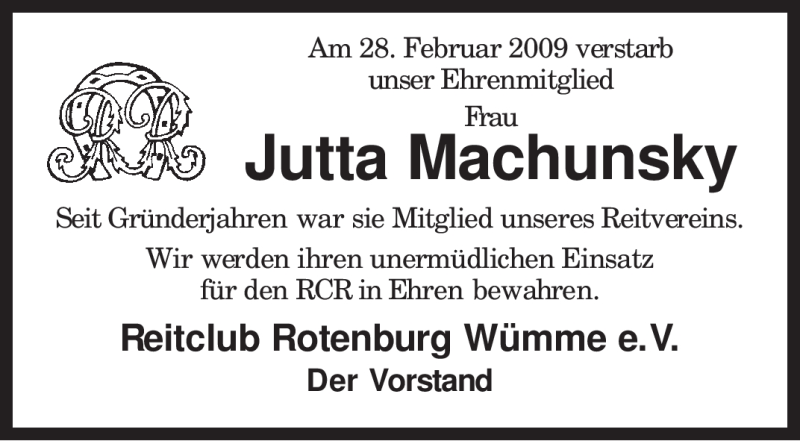  Traueranzeige für Jutta Machunsky vom 03.03.2009 aus KREISZEITUNG SYKE