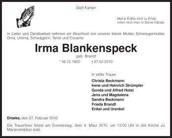 Traueranzeige von Irma Blankenspeck von KREISZEITUNG SYKE