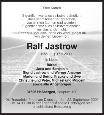 Traueranzeige von Ralf Jastrow von KREISZEITUNG SYKE