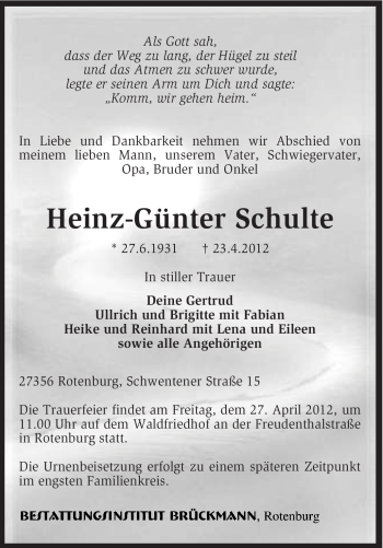 Traueranzeige von Heinz-Günter Schulte von KREISZEITUNG SYKE